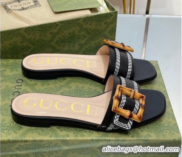 Classic Hot Gucci Bamboo Lambskin Flat Slide Sandals Black 321076