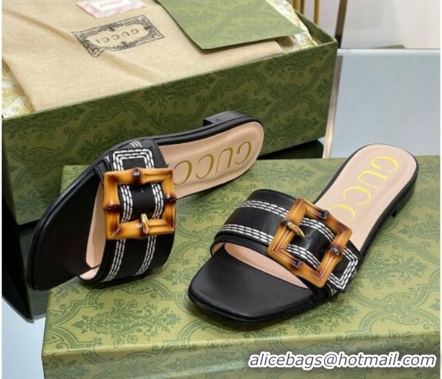 Classic Hot Gucci Bamboo Lambskin Flat Slide Sandals Black 321076