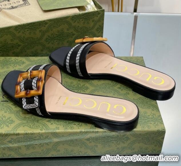 Classic Hot Gucci Bamboo Lambskin Flat Slide Sandals Black 321076