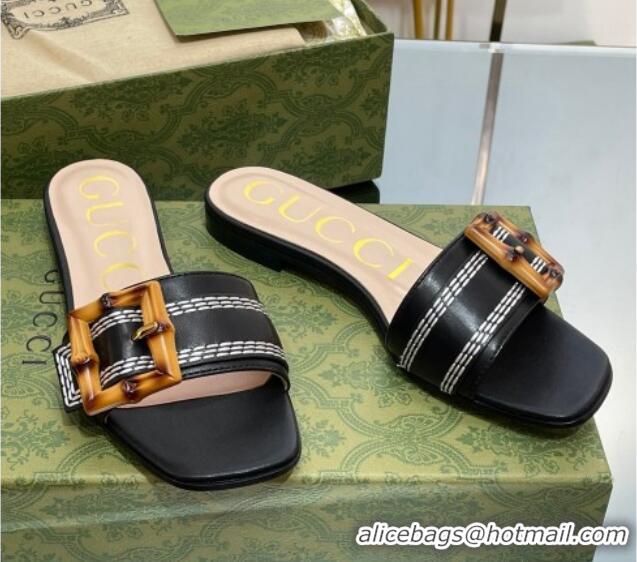 Classic Hot Gucci Bamboo Lambskin Flat Slide Sandals Black 321076