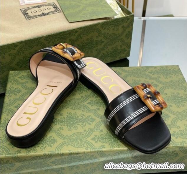 Classic Hot Gucci Bamboo Lambskin Flat Slide Sandals Black 321076