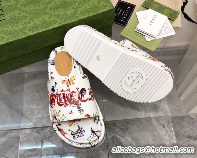 Best Price Gucci Printed Leather Platform Slide Sandals 5cm White 321077