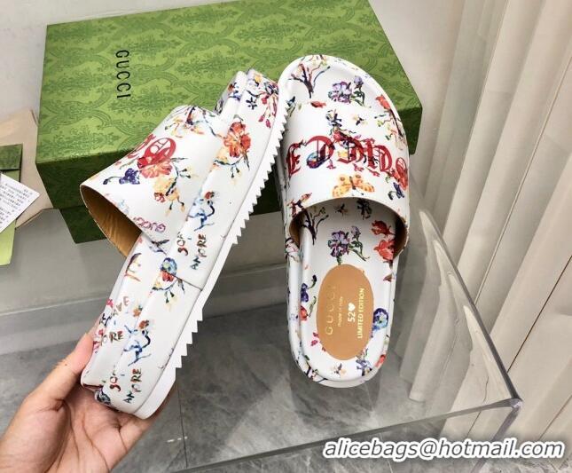 Best Price Gucci Printed Leather Platform Slide Sandals 5cm White 321077