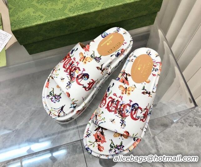 Best Price Gucci Printed Leather Platform Slide Sandals 5cm White 321077