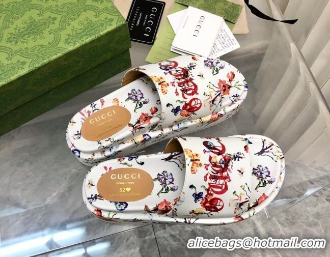 Best Price Gucci Printed Leather Platform Slide Sandals 5cm White 321077