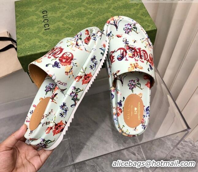 Best Product Gucci Printed Leather Platform Slide Sandals 5cm Green 321078