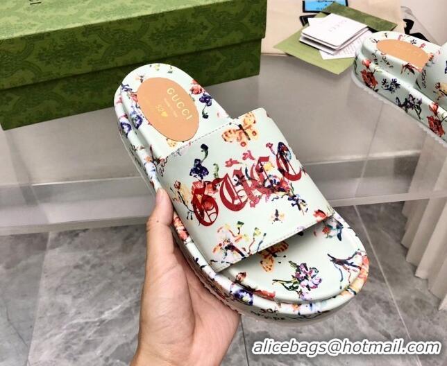 Best Product Gucci Printed Leather Platform Slide Sandals 5cm Green 321078