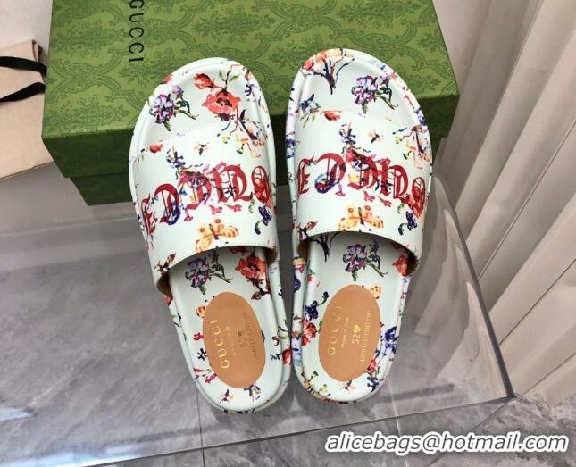 Best Product Gucci Printed Leather Platform Slide Sandals 5cm Green 321078