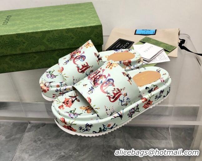 Best Product Gucci Printed Leather Platform Slide Sandals 5cm Green 321078