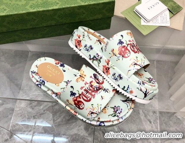 Best Product Gucci Printed Leather Platform Slide Sandals 5cm Green 321078