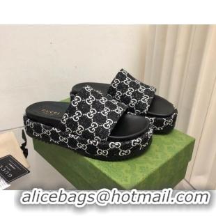 Good Quality Gucci GG Denim Platform Slide Sandals 5cm Black/White 321079