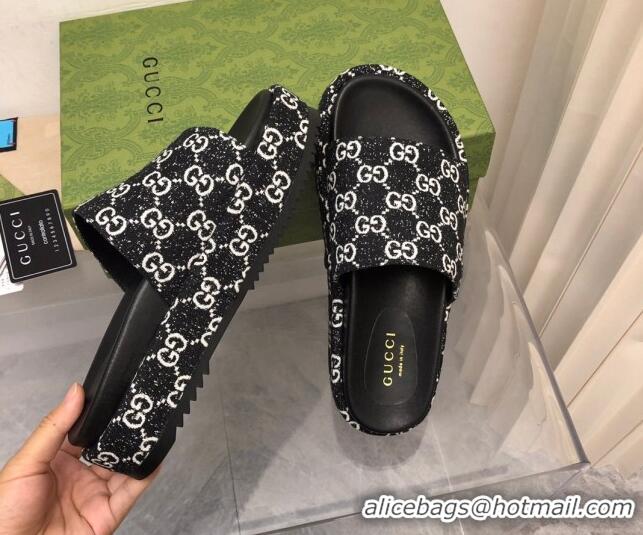 Good Quality Gucci GG Denim Platform Slide Sandals 5cm Black/White 321079