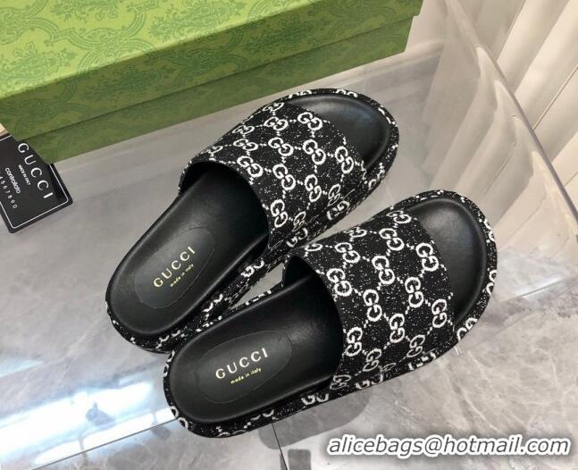 Good Quality Gucci GG Denim Platform Slide Sandals 5cm Black/White 321079