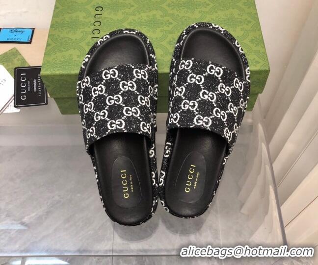 Good Quality Gucci GG Denim Platform Slide Sandals 5cm Black/White 321079