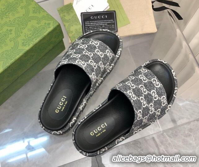 Fashion Gucci GG Denim Platform Slide Sandals 5cm Grey 321080