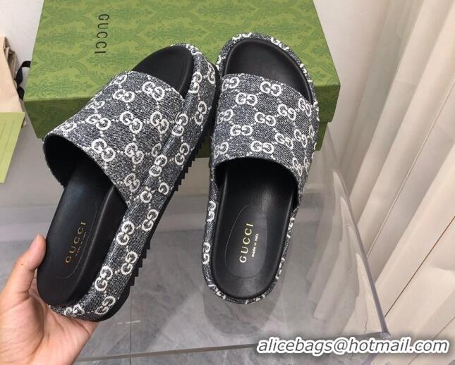 Fashion Gucci GG Denim Platform Slide Sandals 5cm Grey 321080