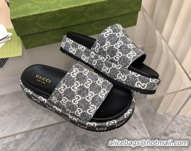 Fashion Gucci GG Denim Platform Slide Sandals 5cm Grey 321080