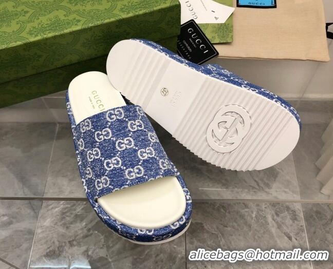 Discount Gucci GG Denim Platform Slide Sandals 5cm Light Blue 321082