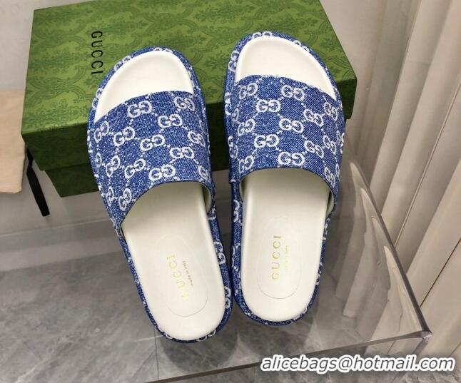 Discount Gucci GG Denim Platform Slide Sandals 5cm Light Blue 321082