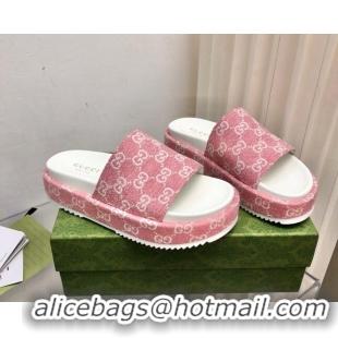 Shop Duplicate Gucci GG Denim Platform Slide Sandals 5cm Pink 321084