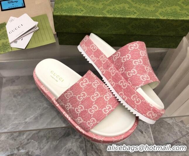 Shop Duplicate Gucci GG Denim Platform Slide Sandals 5cm Pink 321084