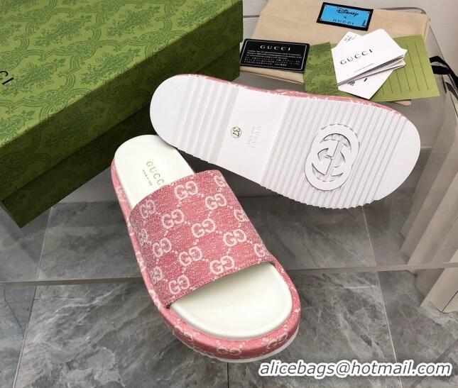 Shop Duplicate Gucci GG Denim Platform Slide Sandals 5cm Pink 321084