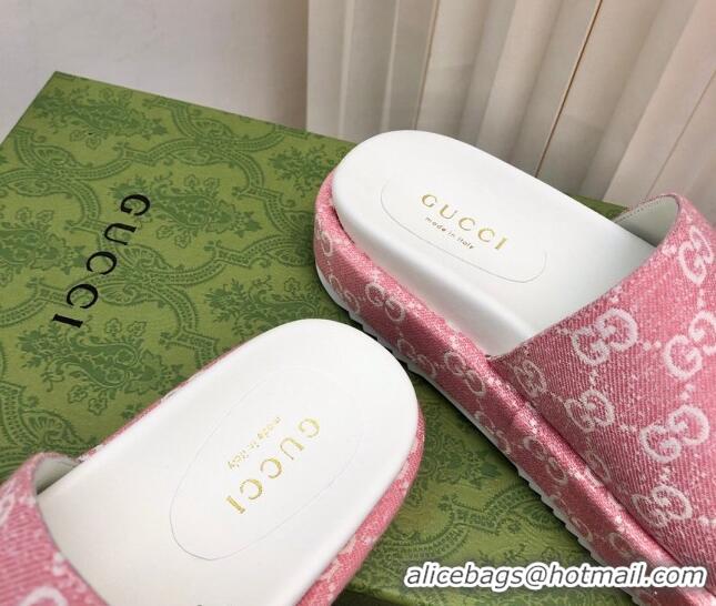 Shop Duplicate Gucci GG Denim Platform Slide Sandals 5cm Pink 321084