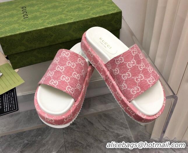 Shop Duplicate Gucci GG Denim Platform Slide Sandals 5cm Pink 321084