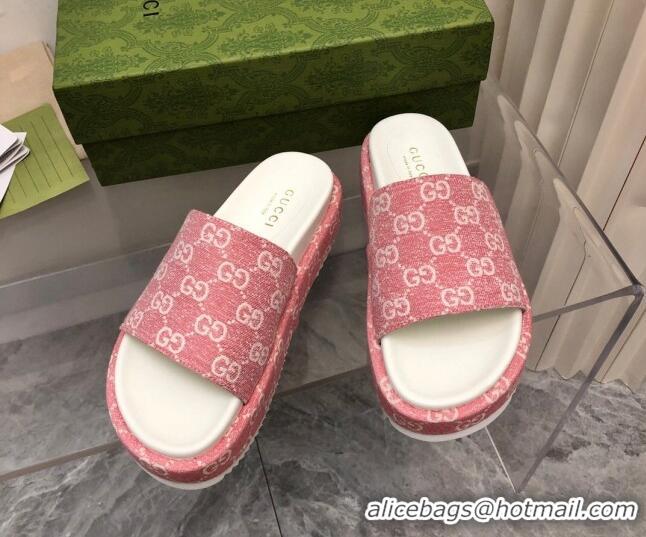 Shop Duplicate Gucci GG Denim Platform Slide Sandals 5cm Pink 321084