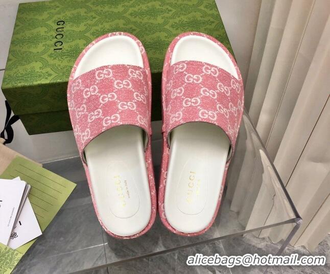 Shop Duplicate Gucci GG Denim Platform Slide Sandals 5cm Pink 321084