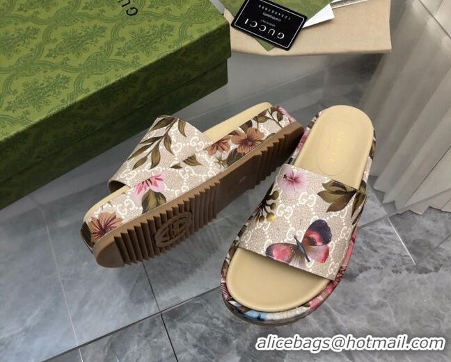 Popular Style Gucci Flora GG Canvas Platform Slide Sandals 5cm Beige 321090