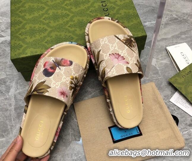 Popular Style Gucci Flora GG Canvas Platform Slide Sandals 5cm Beige 321090