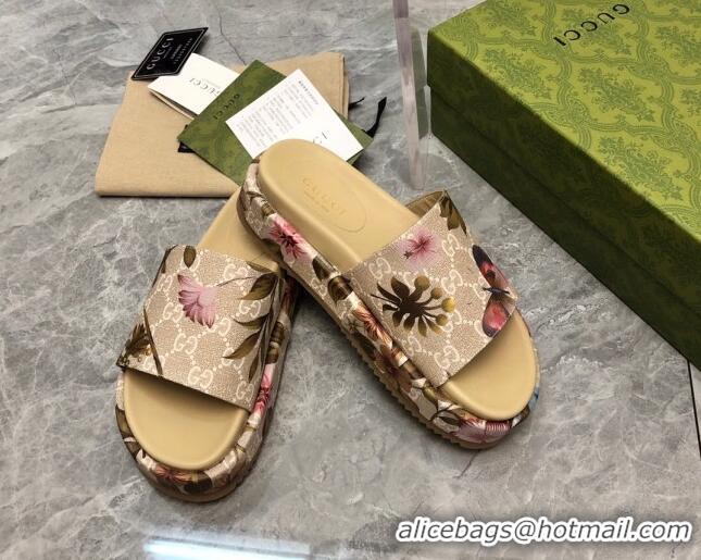 Popular Style Gucci Flora GG Canvas Platform Slide Sandals 5cm Beige 321090