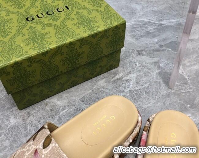 Popular Style Gucci Flora GG Canvas Platform Slide Sandals 5cm Beige 321090