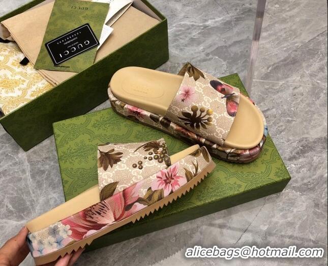 Popular Style Gucci Flora GG Canvas Platform Slide Sandals 5cm Beige 321090