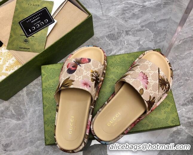 Popular Style Gucci Flora GG Canvas Platform Slide Sandals 5cm Beige 321090