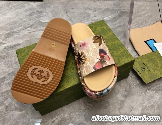 Popular Style Gucci Flora GG Canvas Platform Slide Sandals 5cm Beige 321090