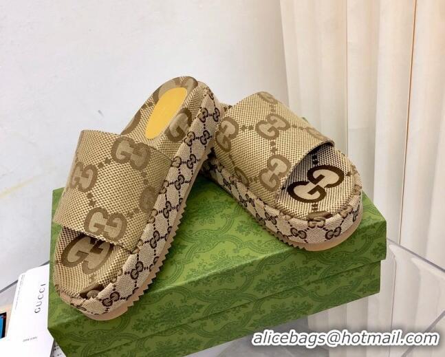 Lowest Price Gucci Jumbo GG Canvas Platform Slide Sandals 5cm Camel 321085