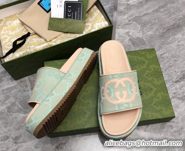 Perfect Gucci Jumbo GG Canvas Platform Slide Sandals 5cm with Interlocking G Green/Nude 321092