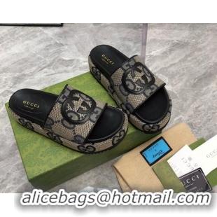 Duplicate Gucci Jumbo GG Canvas Platform Slide Sandals 5cm with Interlocking G Beige/Blue/Black 321093