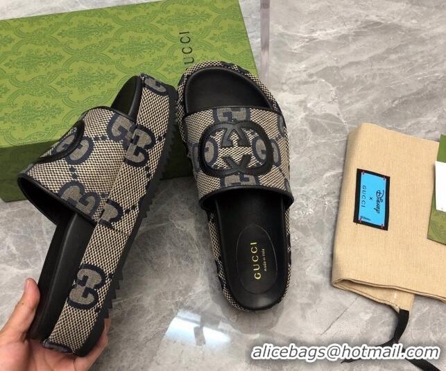 Duplicate Gucci Jumbo GG Canvas Platform Slide Sandals 5cm with Interlocking G Beige/Blue/Black 321093