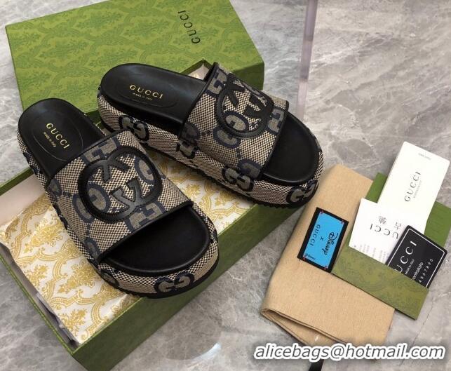 Duplicate Gucci Jumbo GG Canvas Platform Slide Sandals 5cm with Interlocking G Beige/Blue/Black 321093