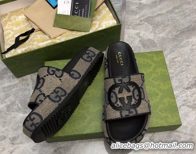 Duplicate Gucci Jumbo GG Canvas Platform Slide Sandals 5cm with Interlocking G Beige/Blue/Black 321093