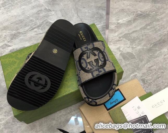 Duplicate Gucci Jumbo GG Canvas Platform Slide Sandals 5cm with Interlocking G Beige/Blue/Black 321093