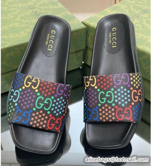 Stylish Gucci GG Star Flat Slide Sandals Black/Multicolor 321095