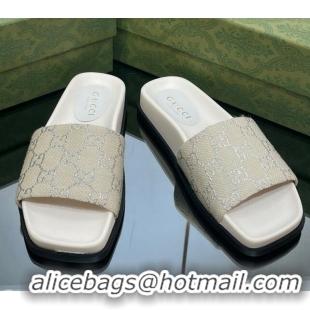 Grade Quality Gucci GG Canvas Flat Slide Sandals White/Silver 321097