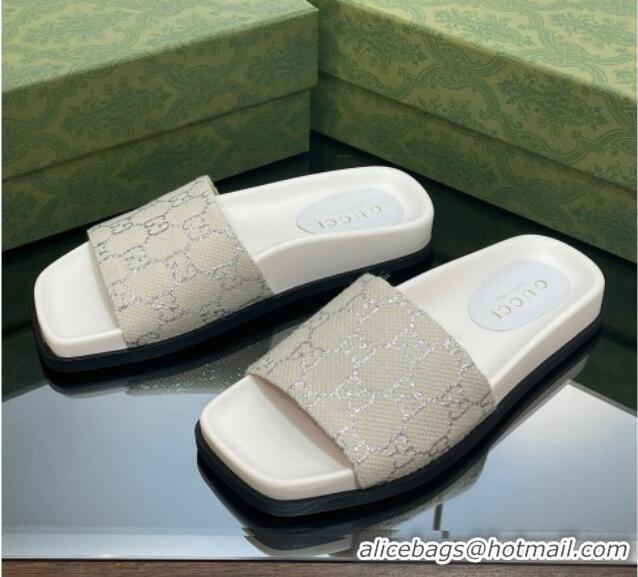 Grade Quality Gucci GG Canvas Flat Slide Sandals White/Silver 321097