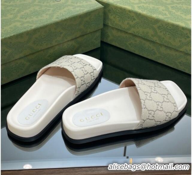 Grade Quality Gucci GG Canvas Flat Slide Sandals White/Silver 321097