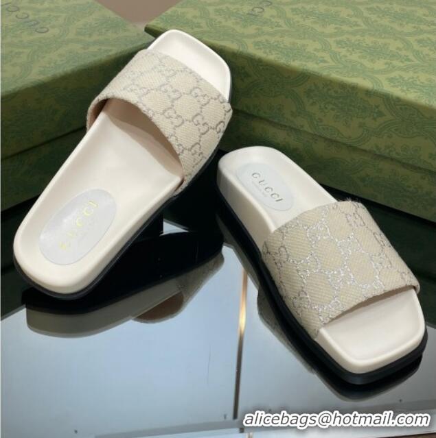 Grade Quality Gucci GG Canvas Flat Slide Sandals White/Silver 321097