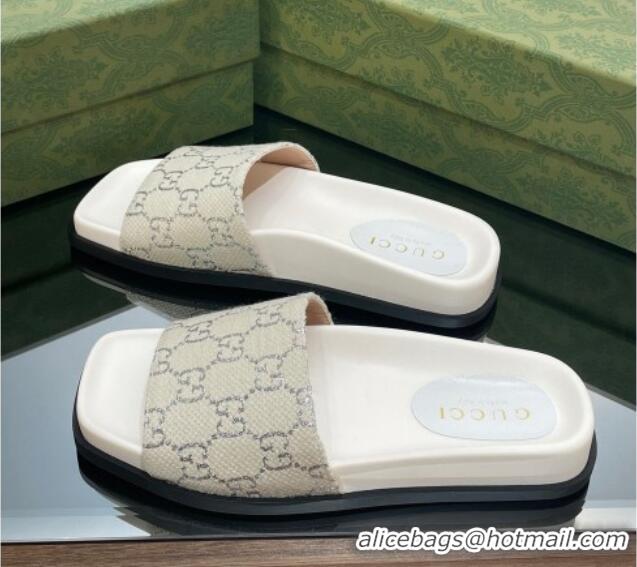 Grade Quality Gucci GG Canvas Flat Slide Sandals White/Silver 321097